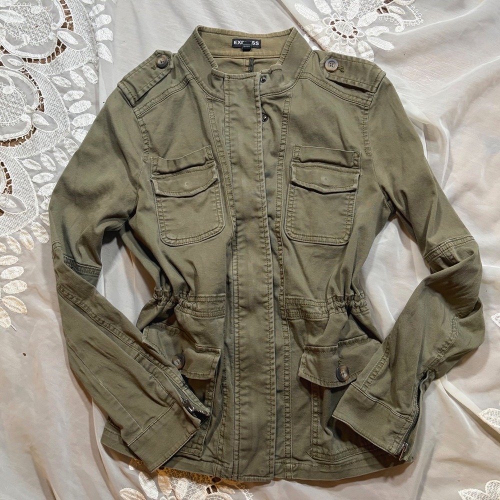 Y2K Express Olive Green Military Utility Jacket XS Drawstring Waist Field Coat